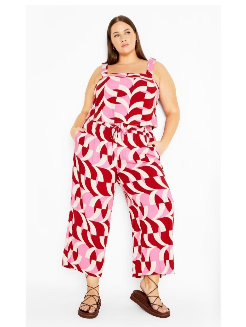 City Chic Pink & Red Wide Leg Jumpsuit